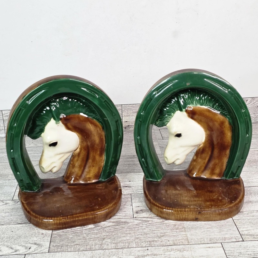 Vintage Ceramic Handmade L Bookends Horse Head Horseshoe Equestrian Signed